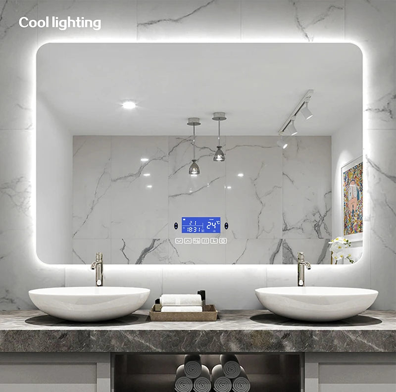 Rectangle Bluetooth Smart (©) Bathroom Makeup Mirror WIth LED Light human body induction Anti-fog Backlight Wall Hanging Mirrors