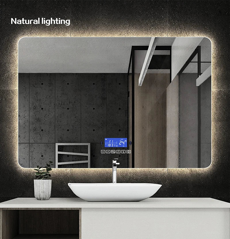 Rectangle Bluetooth Smart (©) Bathroom Makeup Mirror WIth LED Light human body induction Anti-fog Backlight Wall Hanging Mirrors