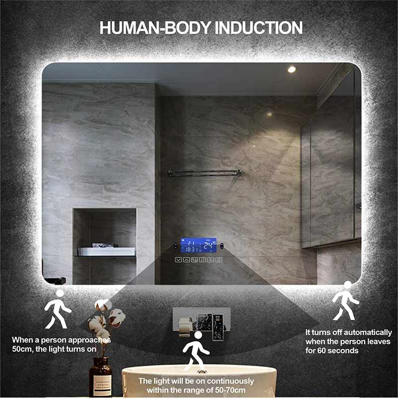 Rectangle Bluetooth Smart (©) Bathroom Makeup Mirror WIth LED Light human body induction Anti-fog Backlight Wall Hanging Mirrors