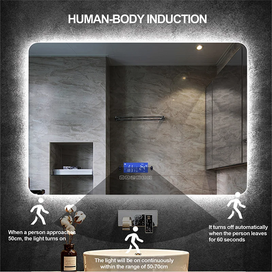 Rectangle Bluetooth Smart (©) Bathroom Makeup Mirror WIth LED Light human body induction Anti-fog Backlight Wall Hanging Mirrors