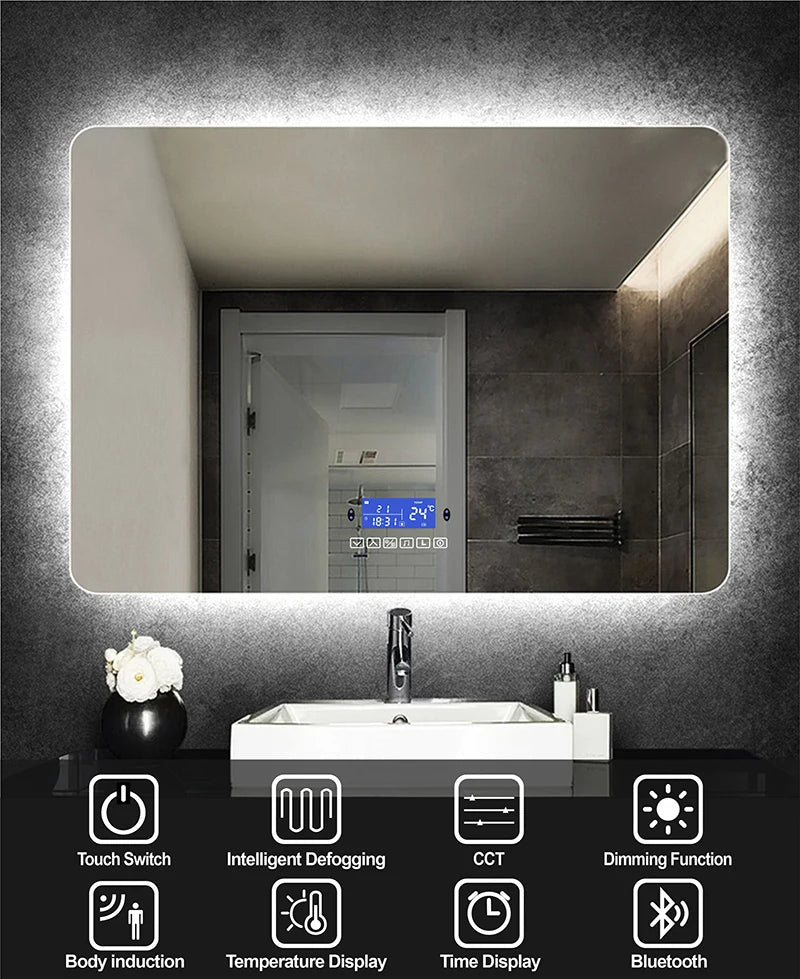 Rectangle Bluetooth Smart (©) Bathroom Makeup Mirror WIth LED Light human body induction Anti-fog Backlight Wall Hanging Mirrors