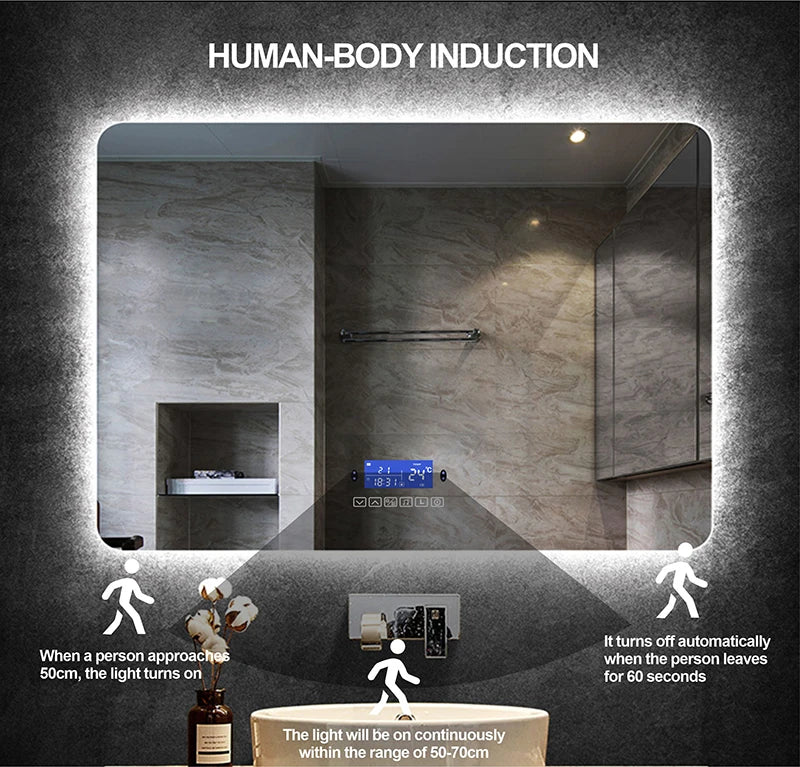 Rectangle Bluetooth Smart (©) Bathroom Makeup Mirror WIth LED Light human body induction Anti-fog Backlight Wall Hanging Mirrors
