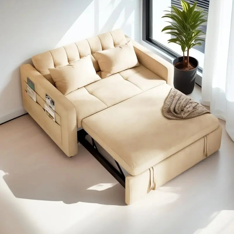 55" Convertible Sofa Bed, Velvet Sleeper Sofa with Pull-Out Bed, 3-in-1 Futon Couch with Reclining Backrest and Side Pocket