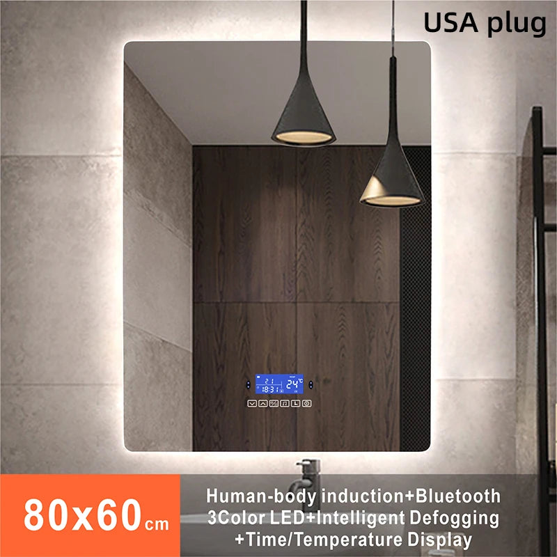 Rectangle Bluetooth Smart (©) Bathroom Makeup Mirror WIth LED Light human body induction Anti-fog Backlight Wall Hanging Mirrors