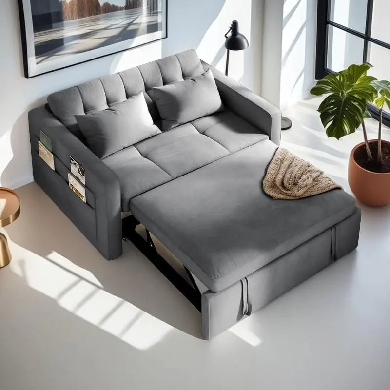 55" Convertible Sofa Bed, Velvet Sleeper Sofa with Pull-Out Bed, 3-in-1 Futon Couch with Reclining Backrest and Side Pocket