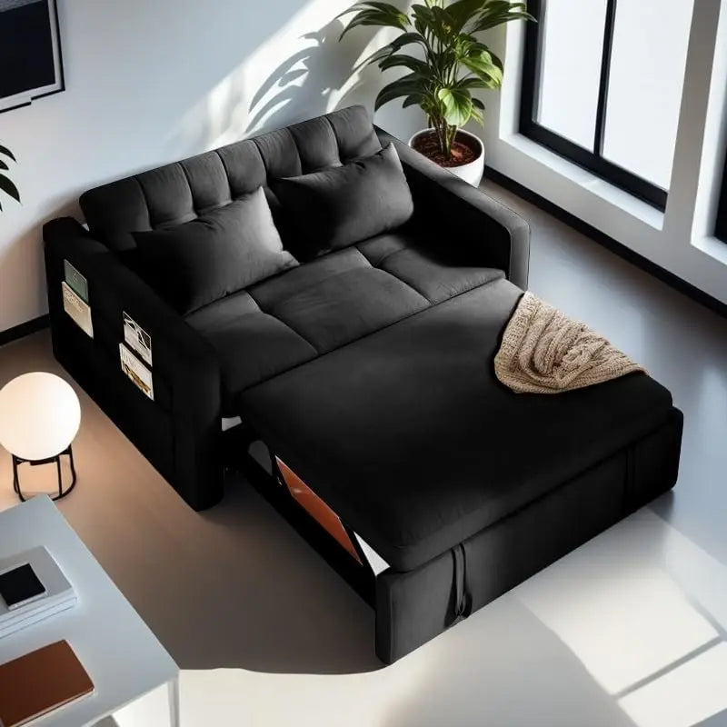 55" Convertible Sofa Bed, Velvet Sleeper Sofa with Pull-Out Bed, 3-in-1 Futon Couch with Reclining Backrest and Side Pocket