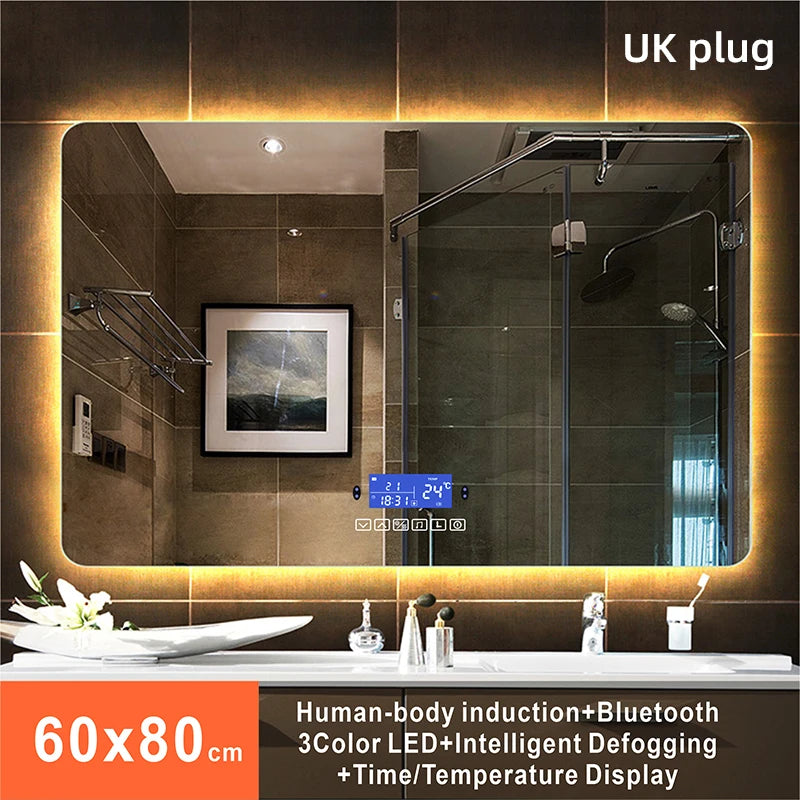 Rectangle Bluetooth Smart (©) Bathroom Makeup Mirror WIth LED Light human body induction Anti-fog Backlight Wall Hanging Mirrors