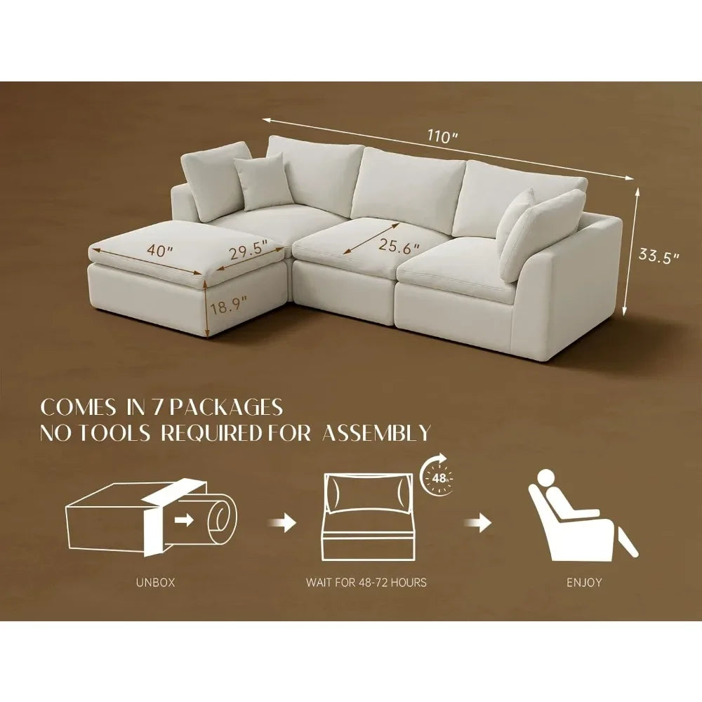 110" Cloud Sectional Couches for Living Room, Convertible L-Shape Couch with Ottoman, 3 Seater Modular Sectional Sofa