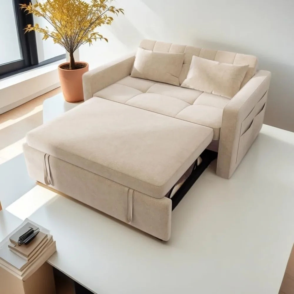 55" Convertible Sofa Bed, Velvet Sleeper Sofa with Pull-Out Bed, 3-in-1 Futon Couch with Reclining Backrest and Side Pocket