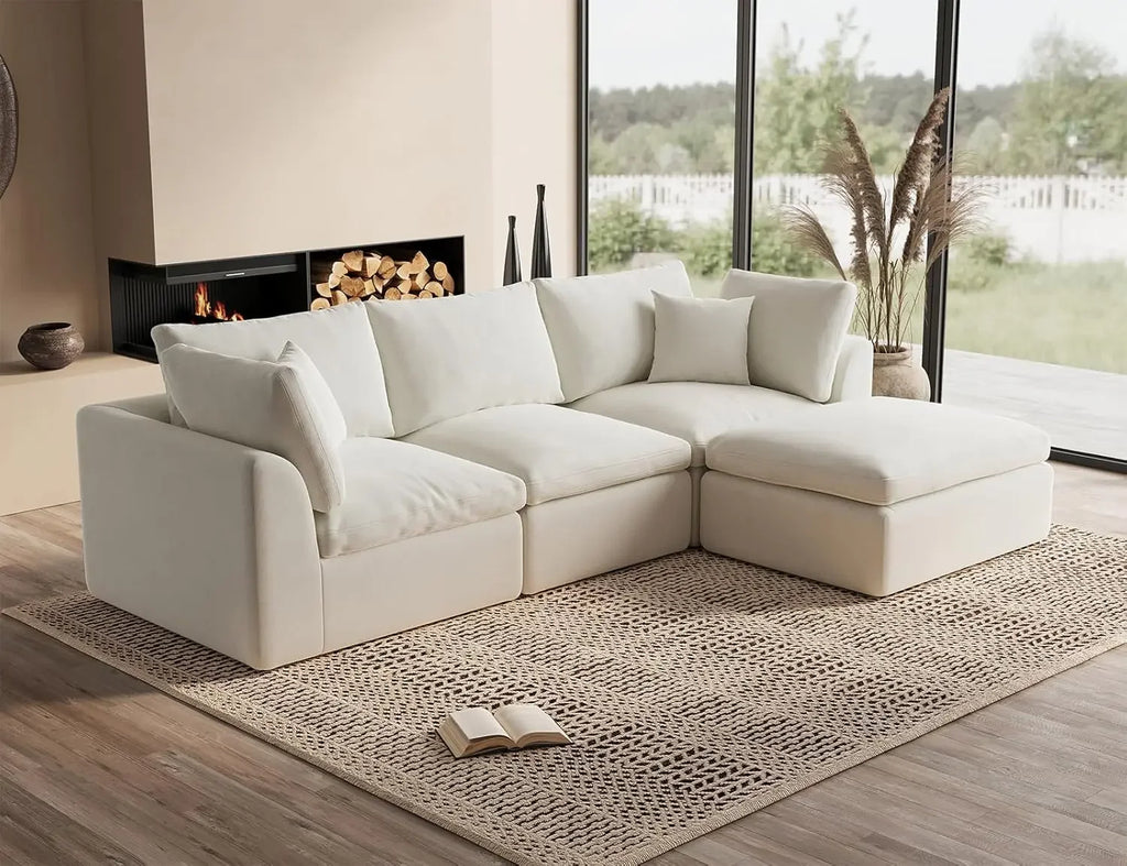 110" Cloud Sectional Couches for Living Room, Convertible L-Shape Couch with Ottoman, 3 Seater Modular Sectional Sofa